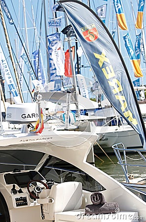 Recreation and luxury sailing ships and yachts in palma seaport during the 50th Boatshow fair at palma de mallorca seaport vertica Editorial Stock Photo