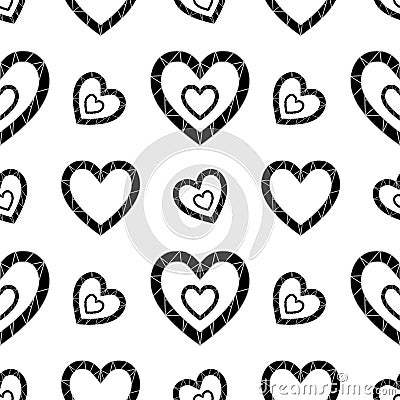 Luxury seamless pattern with black and silver outline polygonal hearts Vector Illustration
