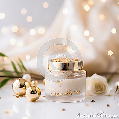 Luxury serum bottle and gift box with gold decorations on white background, By AI Generative Stock Photo