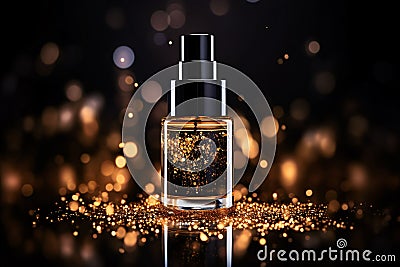 Luxury Serum Cosmetic Bottle with Dynamic Lighting and Gold Glitter Stock Photo