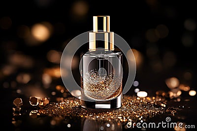 Luxury Serum Cosmetic Bottle with Dynamic Lighting and Gold Glitter Stock Photo