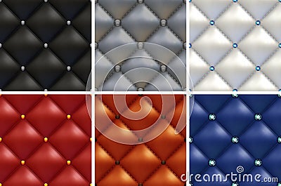 Luxury set of black, white, gray, brown, red, blue patterns of vintage furniture upholstery with different buttons. Seamless Stock Photo