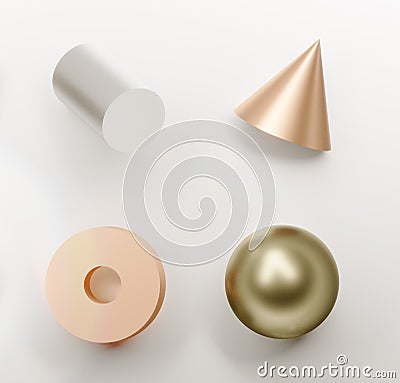 Luxury Set of 3d Geometric Shapes. Realistic geometry elements: cylinder, cone, washer, shpere. Stock Photo