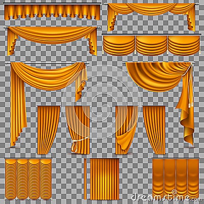 Luxury set of golden velvet silk curtains. EPS 10 Vector Illustration