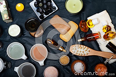 Luxury Set of spa products with accessoires on black background. top view Stock Photo