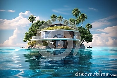 Luxury silk modern villa on tropic island with palms. Travel concept. AI generated Stock Photo