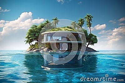 Luxury silk modern villa on tropic island with palms. Travel concept. AI generated Stock Photo