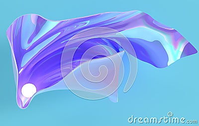Luxury soft textile fabric in motion with luminous sphere 3d render. Iridescent waves. Abstract modern design element, Stock Photo