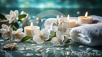 luxury spa with pool ,candles,magnolia flowers in cozy massage salon Stock Photo