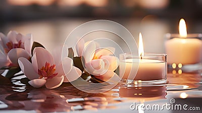 luxury spa with pool ,candles,magnolia flowers in cozy massage salon Stock Photo