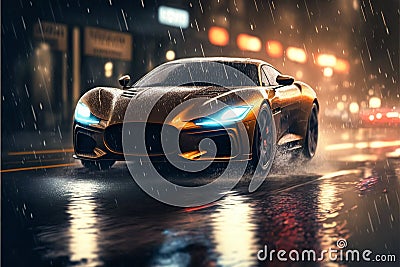 Luxury sports car drives on city street in rain, auto with headlight on at night, generative AI Stock Photo