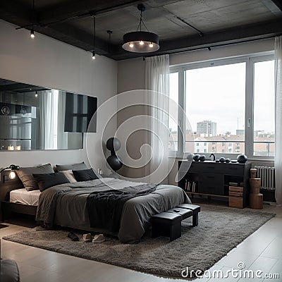 luxury studio apartment with a free layout in a loft style in dark colors. Stylish modern kitchen area with an island, cozy bedroo Stock Photo