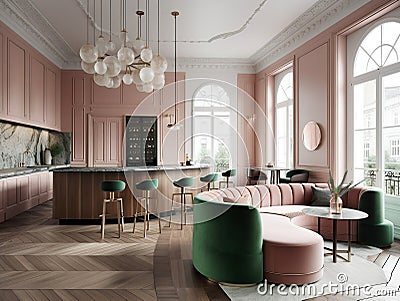 Luxury studio apartment with round pink sofa Hollywood regency s Stock Photo