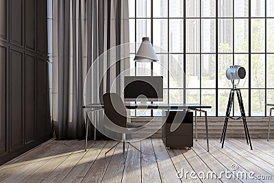 Luxury studio office interior with window and city view, hardwood floor, daylight, furniture and equipment. Stock Photo