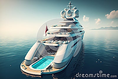 Luxury super yacht with a swimming pool and a jacuzzi. Big luxury yacht anchoring in ocean, Generative AI Stock Photo