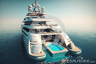 Luxury super yacht with a swimming pool and a jacuzzi. Big luxury yacht anchoring in ocean, Generative AI Stock Photo