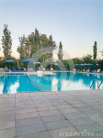 Luxury swimming pools in a modern hotel sunny morning Greece Rhodos Stock Photo
