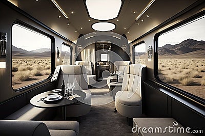 luxury train with sleek and modern design, featuring minimalist interiors and sleek furnishings Stock Photo