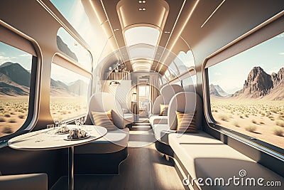 luxury train, with sleek and modern furnishings, traveling through sunny valley Stock Photo