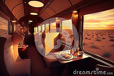 luxury train, with steam engine and luxurious interiors, heading into sunset Stock Photo