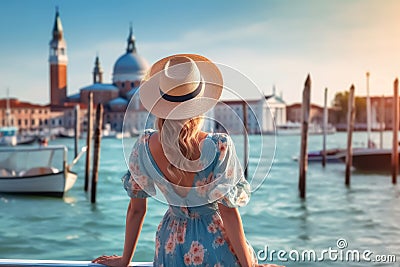 Luxury travel woman looking panorama. Sun hat maxi dress woman relaxing sea view in Venice, Italy. Destination Europe. Concept web Stock Photo
