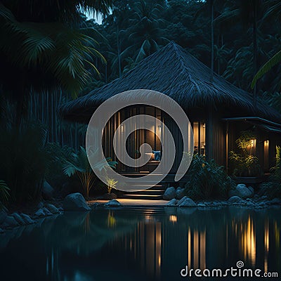 Luxury Tropical Bamboo Cabin Exterior With Swiming Pool, Vacantion and Travel Concept, Generative AI Stock Photo