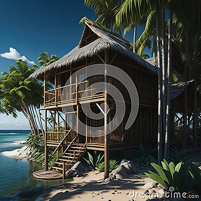 Luxury Tropical Bamboo Cabin Exterior With Swiming Pool, Vacantion and Travel Concept, Generative AI Stock Photo