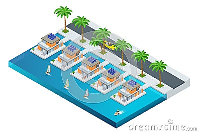 Luxury tropical hotel resort with palm tree, cabriolet,yacht and sea. Travel summer trip destination and beach resort Vector Illustration