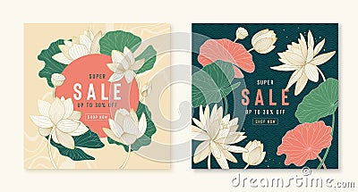 Luxury vector super sale banners with golden lotus and leaves. Chinese posters for summer sale or discount. Promotion Vector Illustration