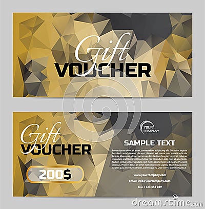 Luxury vector two side gift voucher with low poly triangle background in gold color Stock Photo