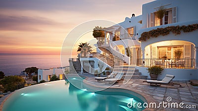 Luxury villa with infinity pool overlooking sea in evening in summer. Rich mansion with terrace, white house or resort hotel in Stock Photo