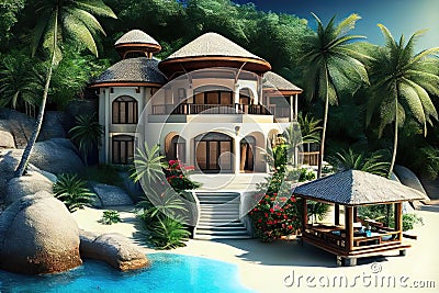 luxury villa, with private swimming pool and hot tub, on secluded tropical beachfront Stock Photo