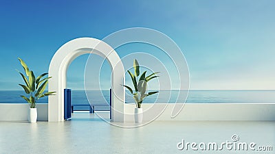 Luxury villa resort gate door to sea view - Santorini island stlye - 3D rendering Stock Photo