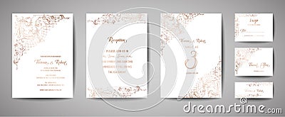 Luxury Vintage Wedding Save the Date, Invitation Cards Collection with Gold Foil Frame and Wreath. trendy cover, graphic Vector Illustration