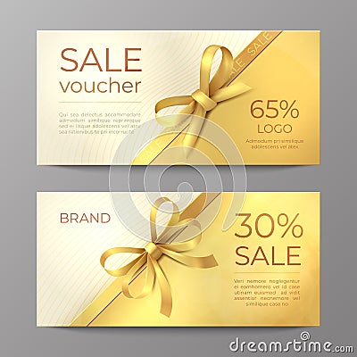 Luxury voucher card. Golden ribbon certificate, elegant celebration coupon, discount promotion flyer. Realistic vector Vector Illustration