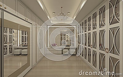 Luxury Walk-in Closet with white classic wardrobe, make up table with mirror and lighting decoration. Stock Photo