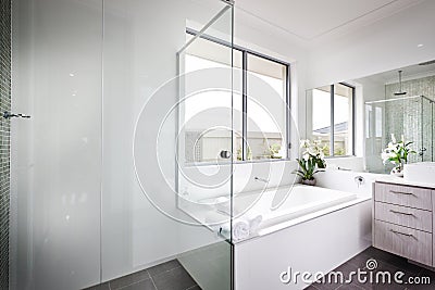 Luxury washroom with white walls and bath tub Stock Photo