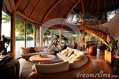 Luxury waterfront bamboo bungalow interior. Generative AI Stock Photo