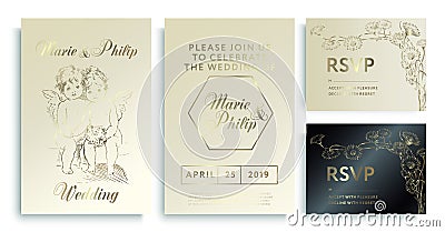 Luxury wedding invitation cards with gold texture. Luxury wedding invitation frame set; Vector Illustration