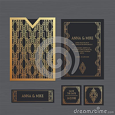 Luxury wedding invitation or greeting card with geometric ornament. Art Deco style. Paper lace envelope template. Wedding Vector Illustration