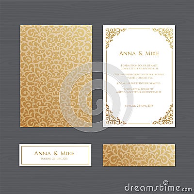 Luxury wedding invitation or greeting card with vintage gold ornament. Vector illustration. Vector Illustration