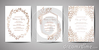 Luxury Wedding Save the Date, Invitation Cards Collection with Gold Foil Flowers and Leaves and Wreath trendy cover Vector Illustration