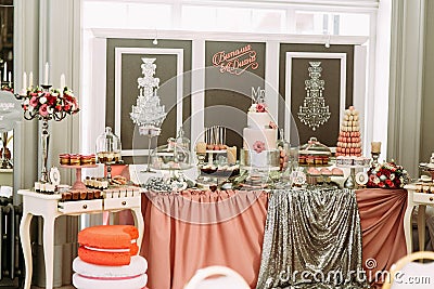 Luxury wedding table with the sweet assortie Stock Photo