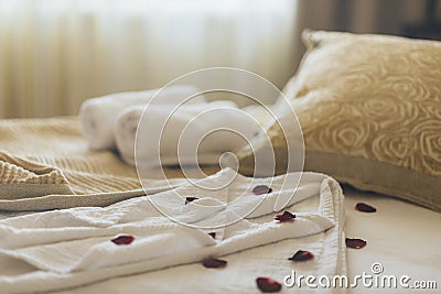 Luxury wellness and spa hotel room arranged for romantic weekend. Honeymoon suite bedroom decorated with rose petals on bed sheets Stock Photo