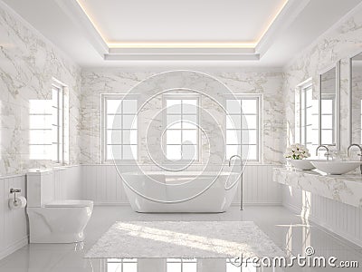 Luxury white bathroom with marble wall 3d render Stock Photo