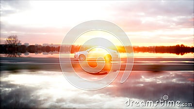 Luxury white car on highway, road. Very fast driving. Wonderfull sunset. Travel and motivation concept. 3d rendering. Stock Photo