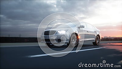 Luxury white car on highway, road. Very fast driving. Wonderfull sunset. Travel and motivation concept. 3d rendering. Stock Photo