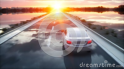 Luxury white car on highway, road. Very fast driving. Wonderfull sunset. Travel and motivation concept. 3d rendering. Stock Photo