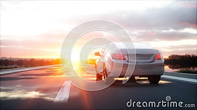 Luxury white car on highway, road. Very fast driving. Wonderfull sunset. Travel and motivation concept. 3d rendering. Stock Photo