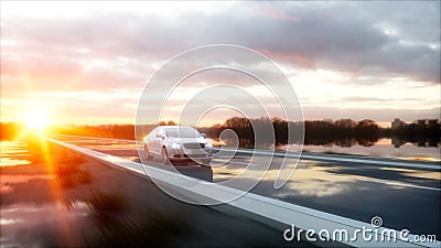 Luxury white car on highway, road. Very fast driving. Wonderfull sunset. Travel and motivation concept. 3d rendering. Stock Photo